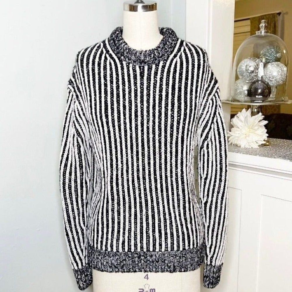 Elizabeth & James Striped Chunky Knit Crewneck Sweater Black White Small - Picture 2 of 11